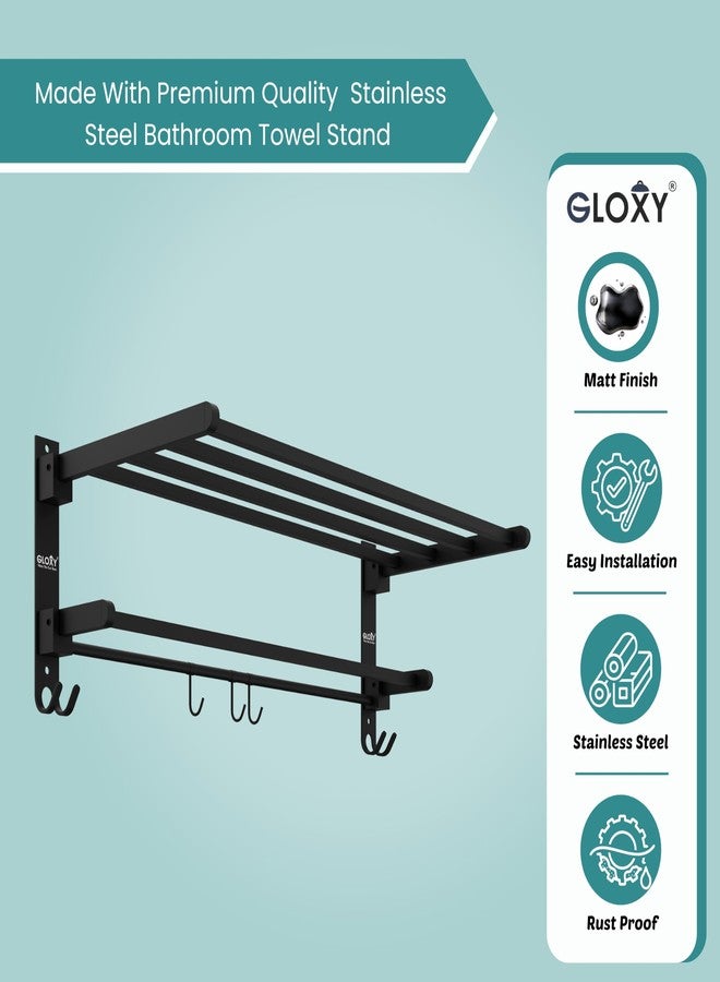 Gloxy Towel Rack in Bathroom | Stainless Steel Towel Holder in Bathroom | Folding Wall Mounted Towel Rack with Shelf - Durable, Space-Saving Foldable Towel Holder - Black Mat Finish (Non-Adhesive) - Image 3